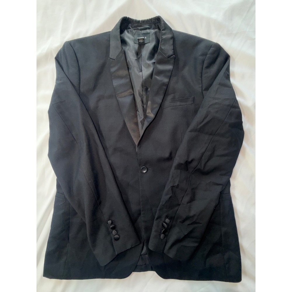 Forever 21 Men Black Tuxedo Blazer Jacket Satin Peak Lapel Size Large L Mens